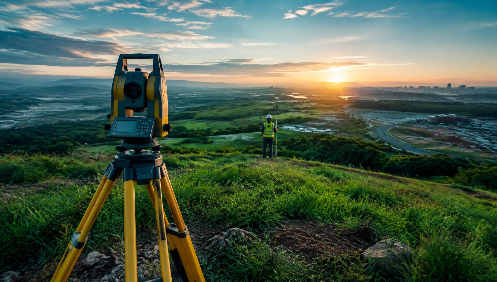Equipamento de topografia em operação sobre terreno